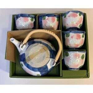Arita Porcelain Hand Painted Cobalt Blue Pink Oarita Teapot With Lid 5-Cups NIB
